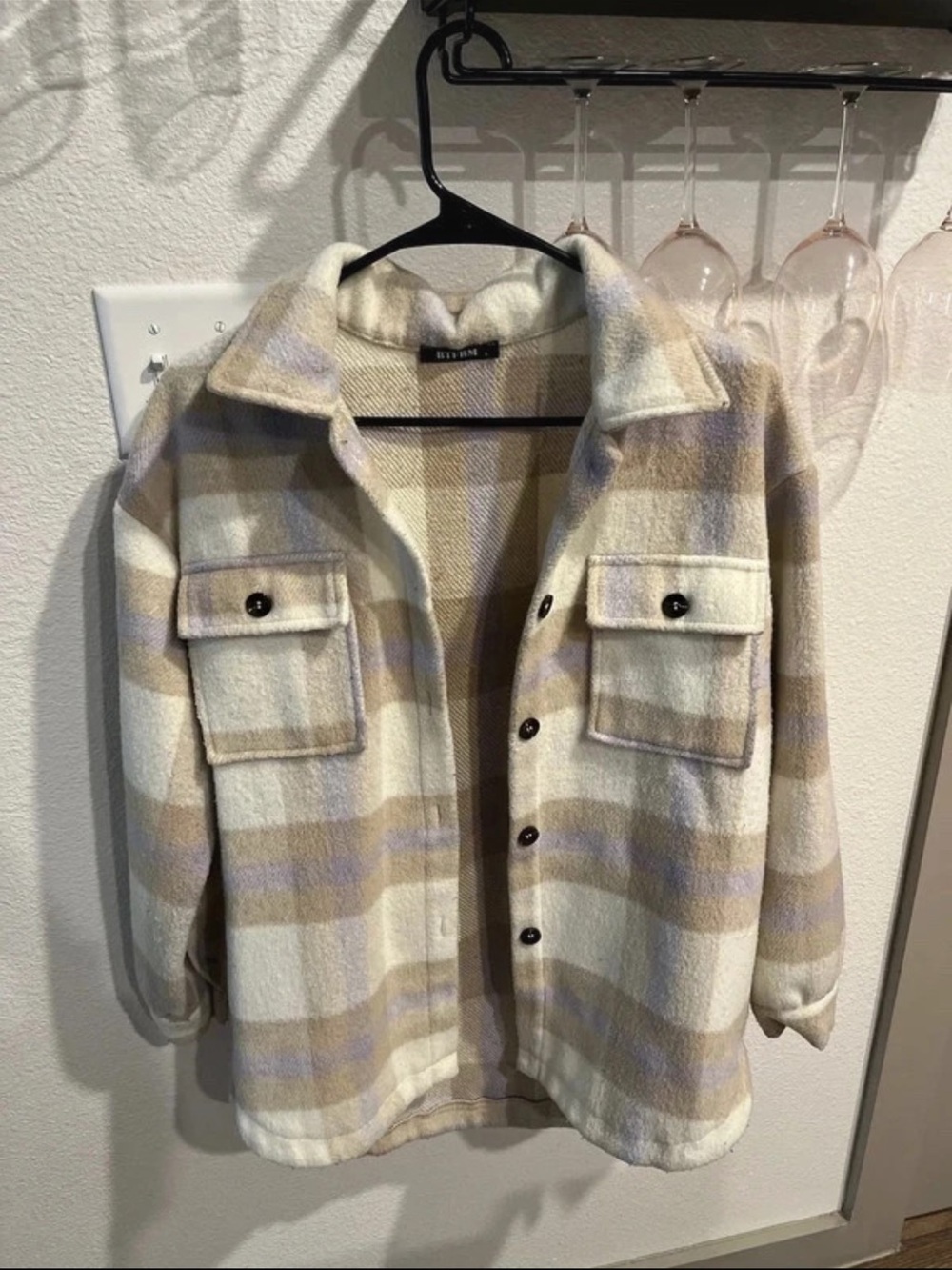 Amazon Plaid Utility Shacket in Cream, Taupe & Light Purple